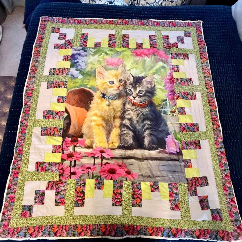 Quilt Two Adorable Kittens Pink Flowers Log Cabin Design Cozy Blanket 64"L x 56"